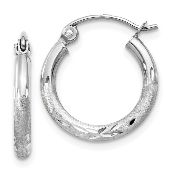 14k White Gold Satin and Diamond-cut 2mm Round Hoop...